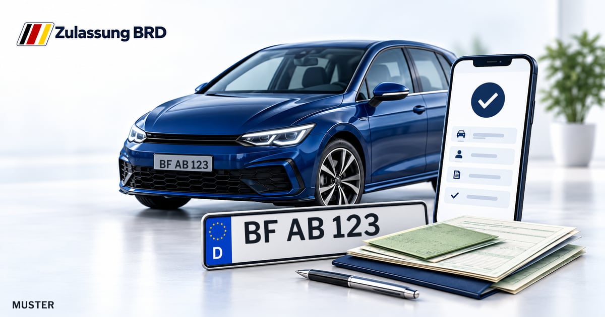 Online Fahrzeugzulassung in Westerkappeln: Musterkennzeichen BF AB 123, Auto und Fahrzeugpapiere und Smartphone. Illustration mit Logo von Zulassung BRD.